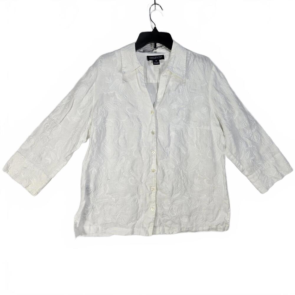 Jones New York White Linen Paisley Embroidered Button Down Shirt 1X Sustainable